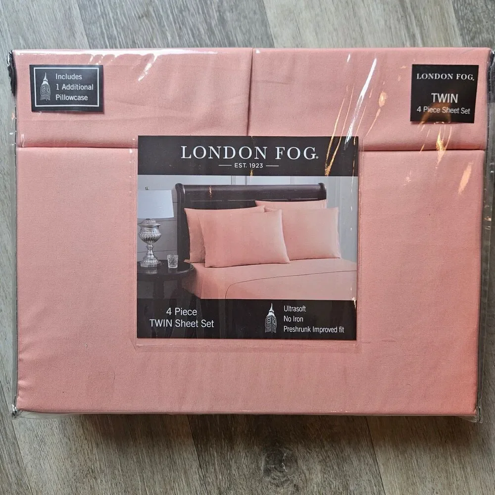 London Fog Twin Sheet Set 4 Piece Salmon Pink Peach New Sealed Bedding
